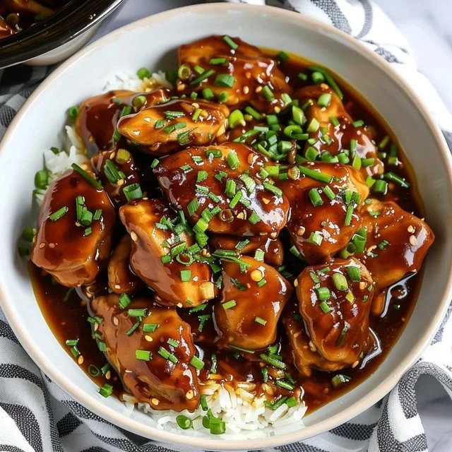 Crockpot Honey Garlic Chicken served with vegetables and rice