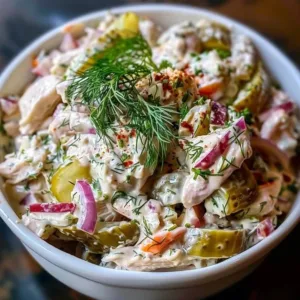 Dill Pickle Chicken Salad Sandwich with pickles and chicken on a plate