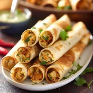 Easy Baked Chicken Taquitos on a plate with toppings
