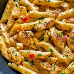 Plate of easy creamy Cajun Chicken Pasta with vibrant spices and colorful vegetables