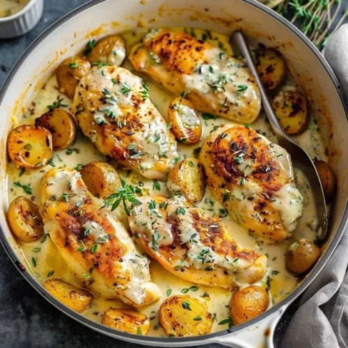 Delicious Easy Creamy Herb Chicken served with fresh herbs on a plate