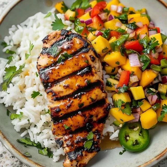 Easy honey lime chicken served with fresh mango salsa on a plate.