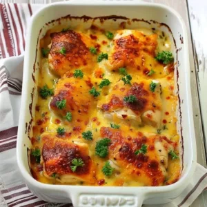 Easy low carb chicken casserole dish topped with cheese and herbs