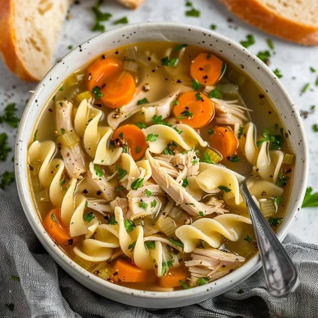 Bowl of easy rotisserie chicken soup with vegetables and herbs