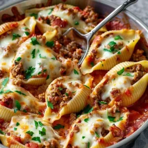 Plate of easy stuffed shells filled with ground beef and topped with marinara sauce