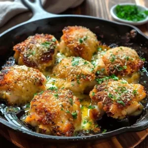 Plate of Garlic Parmesan Chicken Thighs garnished with parsley