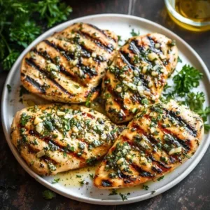Garlic Parmesan Grilled Chicken ready to serve on a plate.