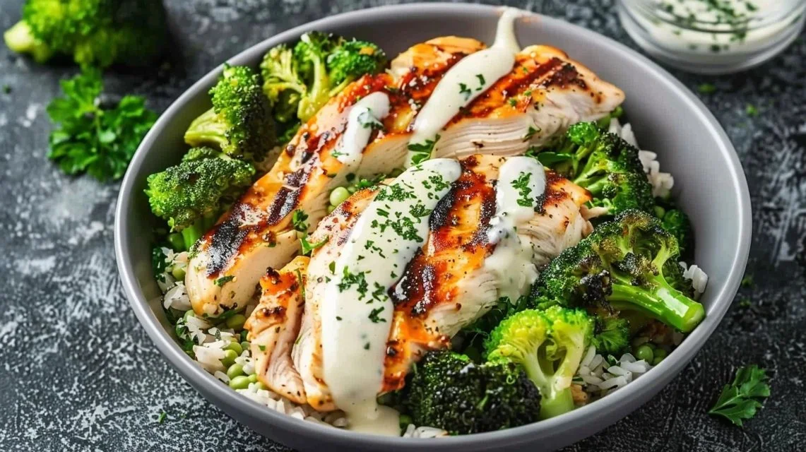 Grilled Chicken Broccoli Bowls with Creamy Garlic Sauce