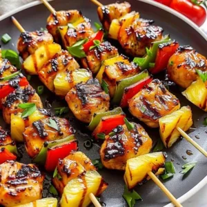 Grilled pineapple chicken kabobs with colorful vegetables on skewers