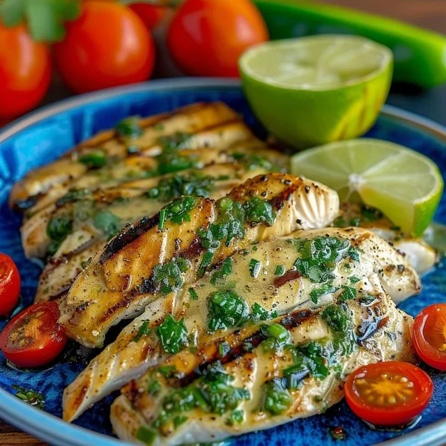 Grilled salsa verde chicken with pepper jack cheese on a plate