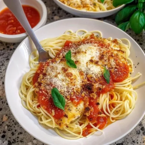Ground Chicken Parmesan served with pasta and garnished with fresh basil