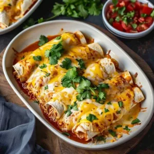 Delicious high protein chicken enchiladas topped with sauce and cheese