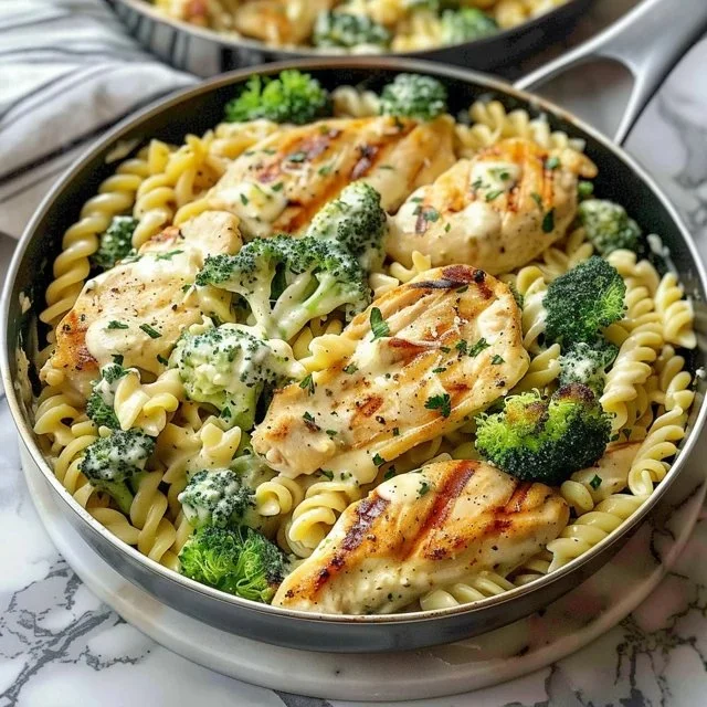 High protein chicken pasta dish with fresh herbs and vegetables