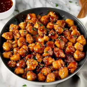 Delicious Honey Garlic Chicken Bites served on a plate.