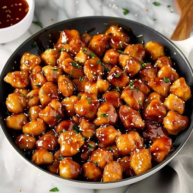 Delicious Honey Garlic Chicken Bites served on a plate.