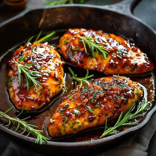 Honey Garlic Chicken Breast served on a plate with fresh vegetables.
