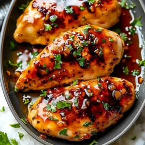 Honey Garlic Chicken Breasts served on a plate with a side of vegetables.