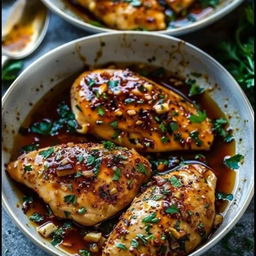Honey Garlic Chicken Breasts served with vegetables on a plate
