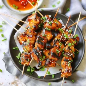 Grilled Honey Garlic Chicken Kabobs on skewers, garnished with fresh herbs