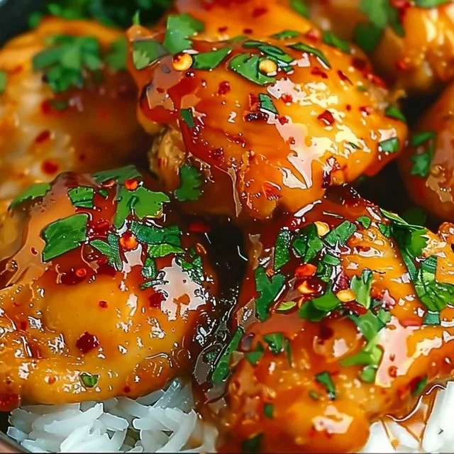 Delicious Honey Garlic Chicken Thighs served on a plate with garnish