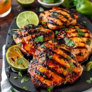 Delicious Hot Honey Lime Chicken garnished with fresh lime and herbs