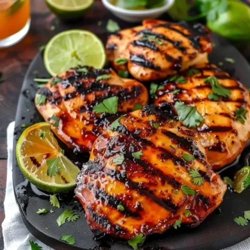 Delicious Hot Honey Lime Chicken garnished with fresh lime and herbs