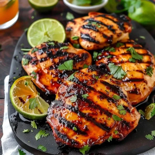 Delicious Hot Honey Lime Chicken garnished with fresh lime and herbs