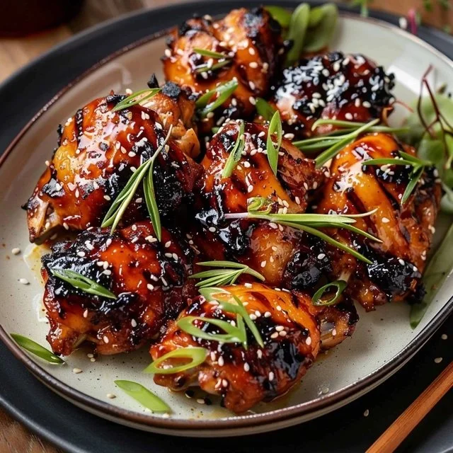 Juicy Japanese BBQ chicken thighs garnished with sesame seeds and green onions