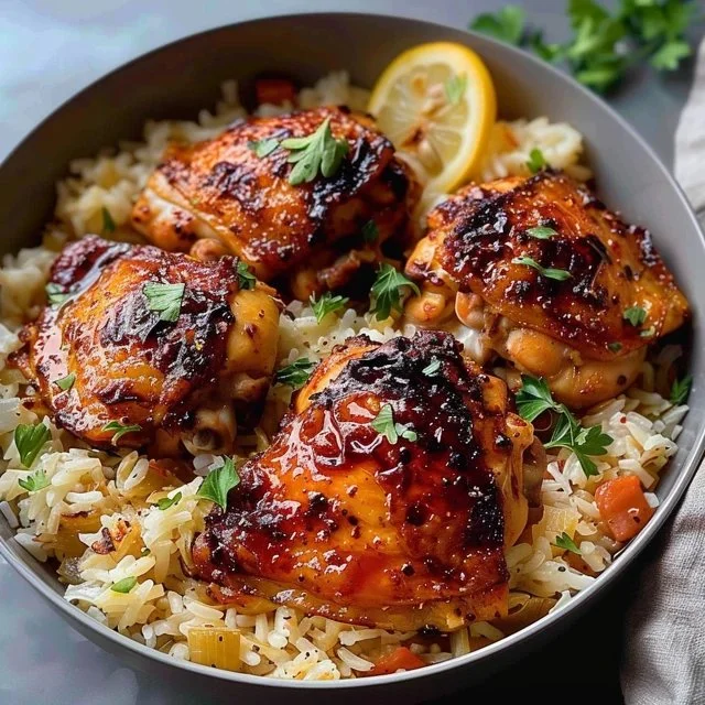 Lemon chicken thighs served with rice on a plate