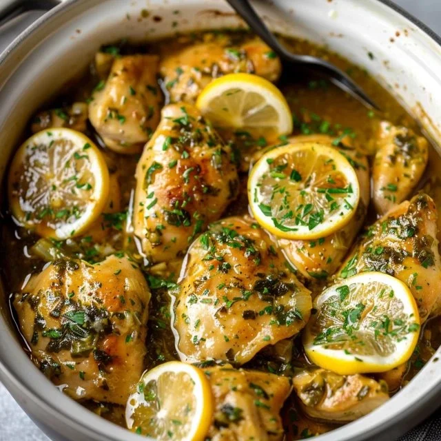 Delicious Lemon Garlic Butter Chicken served with rice and garnished with herbs.