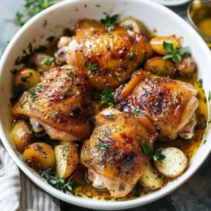 Delicious one pan chicken thighs cooked with vegetables and herbs
