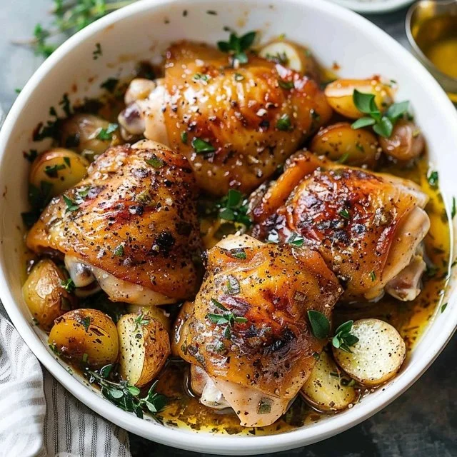 Delicious one pan chicken thighs cooked with vegetables and herbs