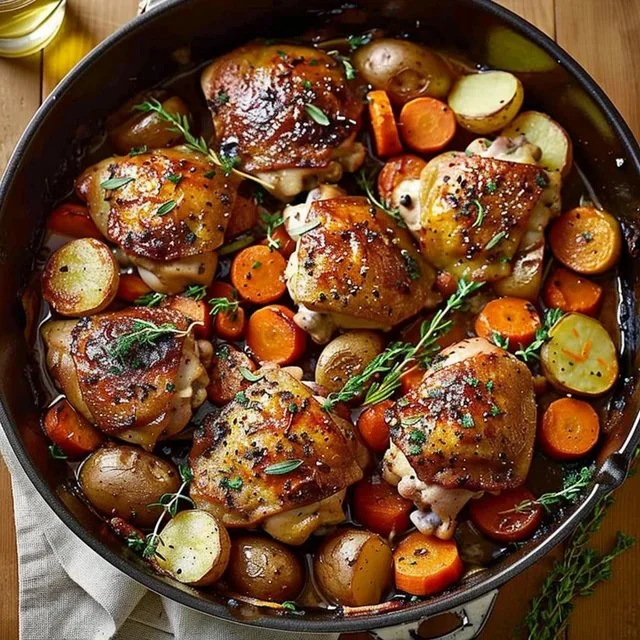 One-Pan Roasted Chicken Thighs served with vegetables on a plate