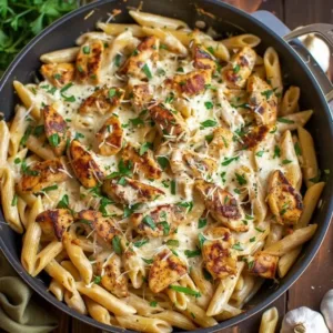 One Pot Creamy Parmesan Chicken Pasta served in a bowl with fresh herbs.