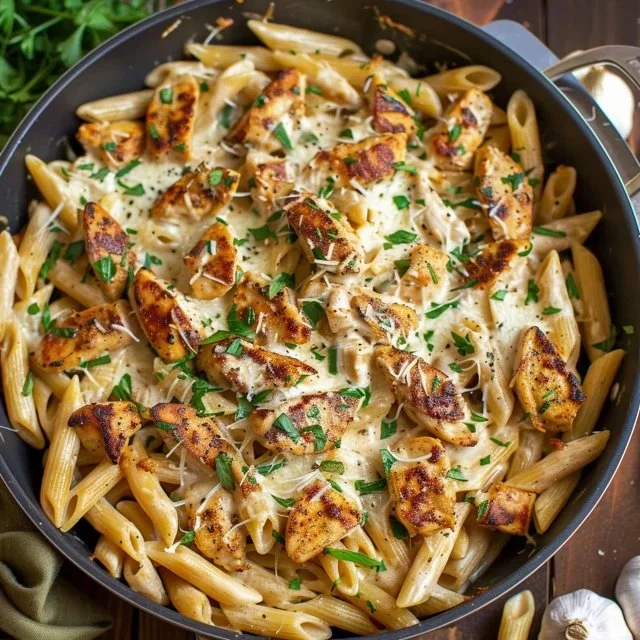 One Pot Creamy Parmesan Chicken Pasta served in a bowl with fresh herbs.