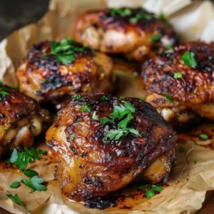 Perfectly seasoned oven baked chicken thighs on a plate