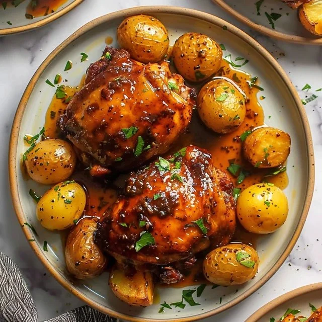Paprika chicken thighs with roasted potatoes in a savory sauce