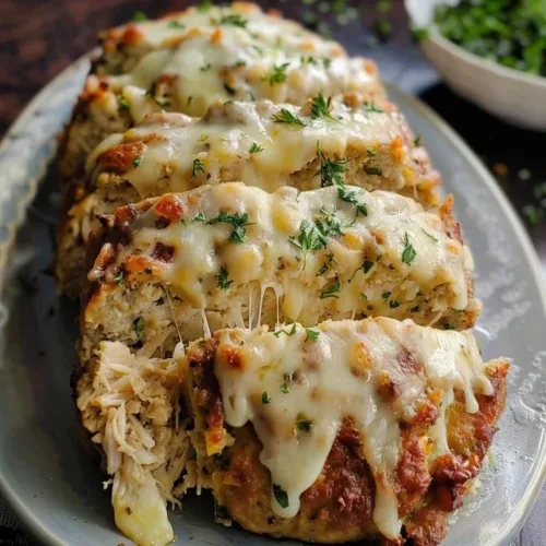 Deliciously baked Parmesan Chicken Meatloaf served with fresh herbs