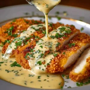 Delicious Parmesan Crusted Chicken served with herbs and lemon slices
