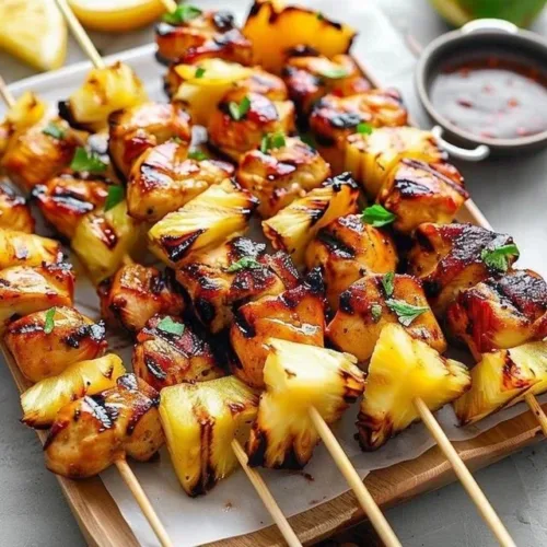 Grilled Pineapple Chicken Kabobs with vibrant vegetables on skewers