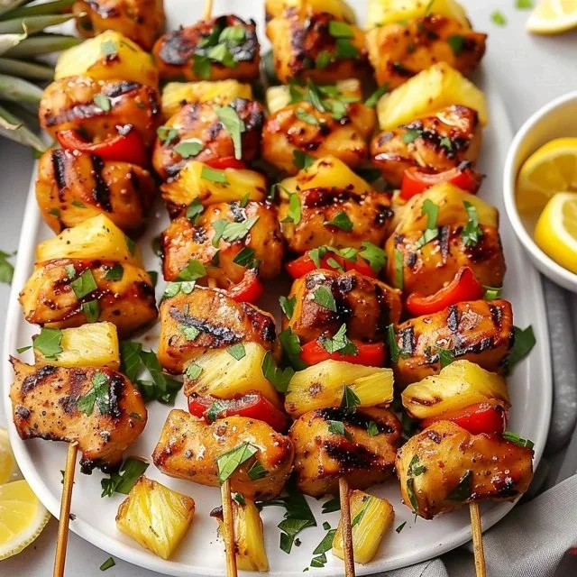 Grilled pineapple chicken kabobs served on a platter with fresh vegetables.