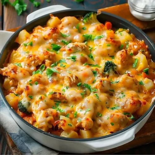 High protein cheesy chicken dish with melted cheese and herbs on a plate