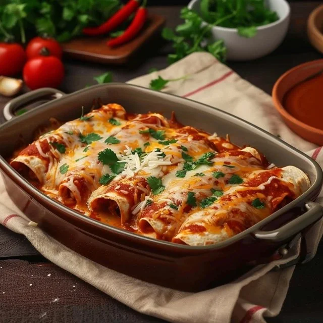 Delicious quick and easy chicken enchiladas topped with cheese and sauce