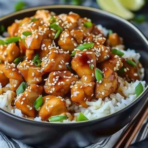 Delicious quick savory sesame chicken served on a plate with vegetables