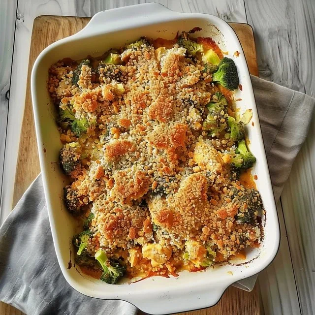 Delicious rotisserie chicken casserole with vegetables and cheese