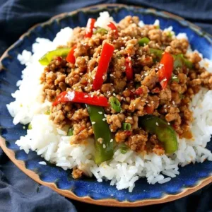 Delicious plate of sesame ground chicken garnished with green onions.