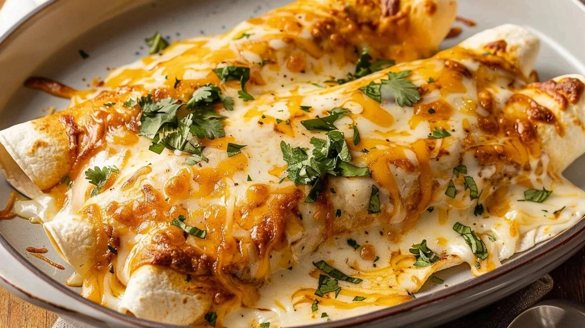 Shredded Chicken Enchiladas with Cheesy Sour Cream Sauce