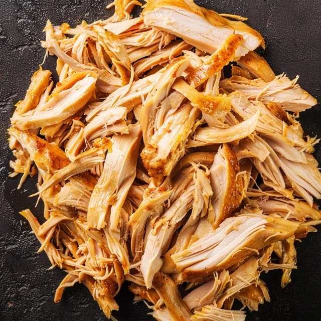 Delicious shredded chicken served in a bowl with toppings