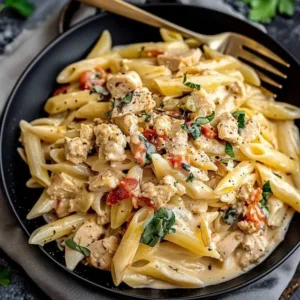 A plate of creamy chicken pasta garnished with parsley and served with a side of garlic bread.