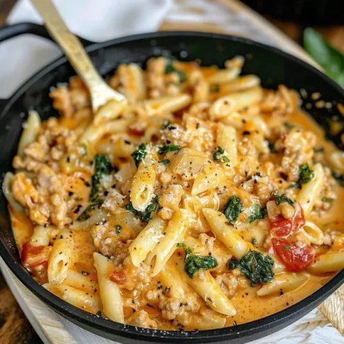 Creamy ground chicken pasta served in a bowl with herbs and grated cheese